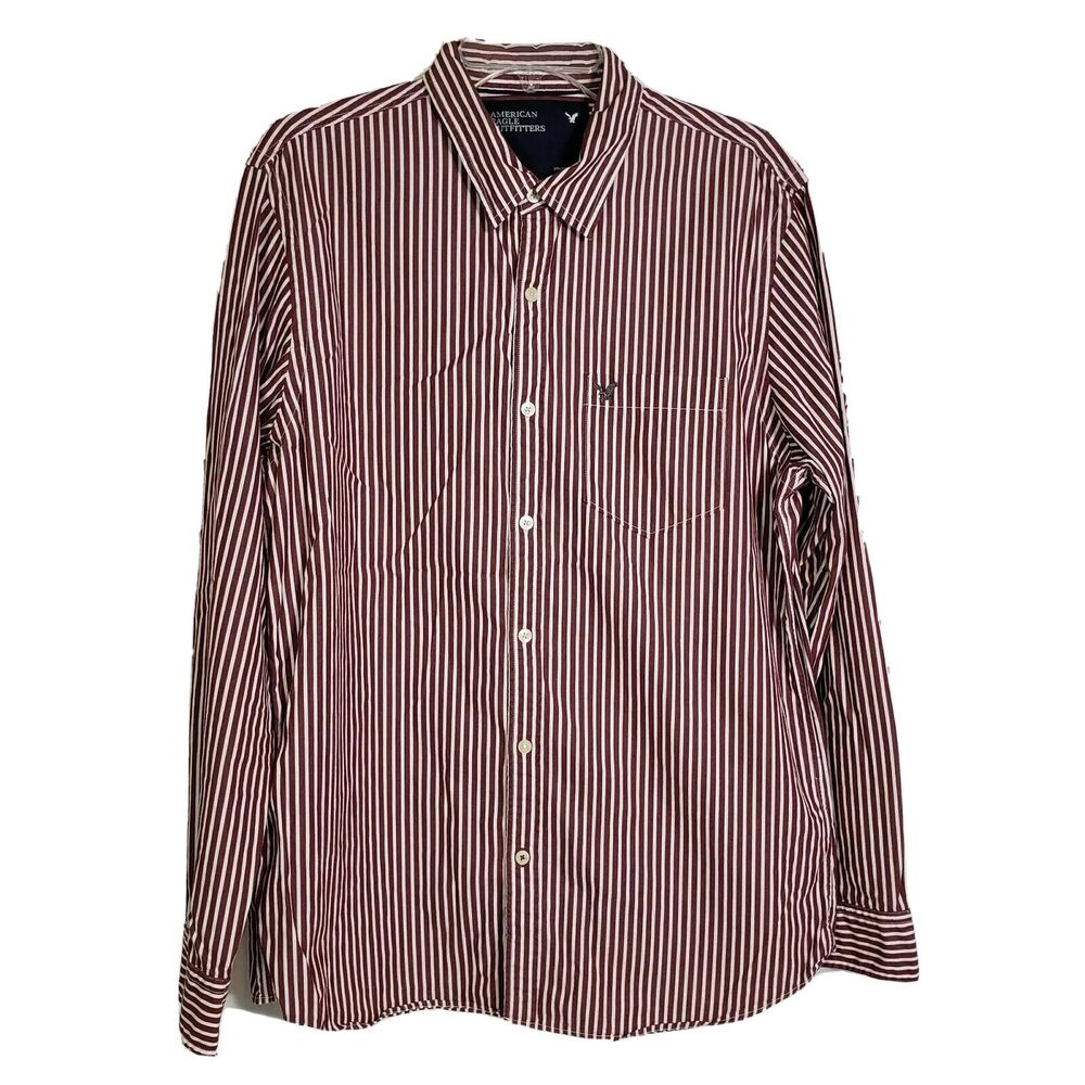 American Eagle Mens Vintage Fit Shirt Large Button Down Maroon White Striped